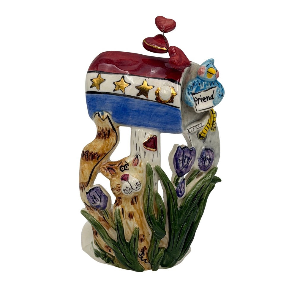 Heather Goldminc Blue Sky 2003 Mailbox Cat Bird Ceramic Tea Light Holder READ